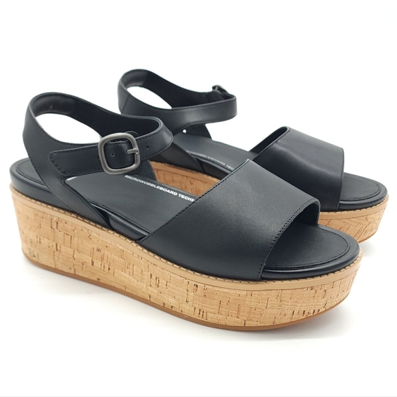 FitFlop Eloise Wedge Sandals Women's Black Leather Cork-Wrap Back-Strap Size 10 - Picture 4 of 9